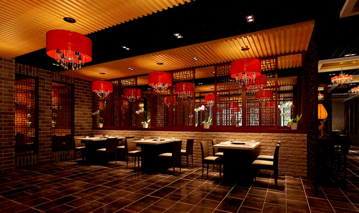 中式風(fēng)格火鍋店餐桌區(qū)域裝修設(shè)計案例效果圖